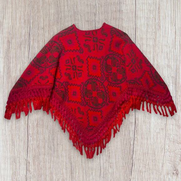 Vintage 1970s Red Folk Tapestry V-Neck Poncho Cape Fringe Tassels Hippie Art EUC - Picture 2 of 5